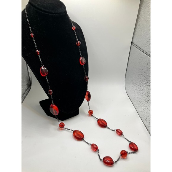 Red Transparent Beaded Gun Metal Gray Chain Necklace & Earrings! - Picture 6 of 14